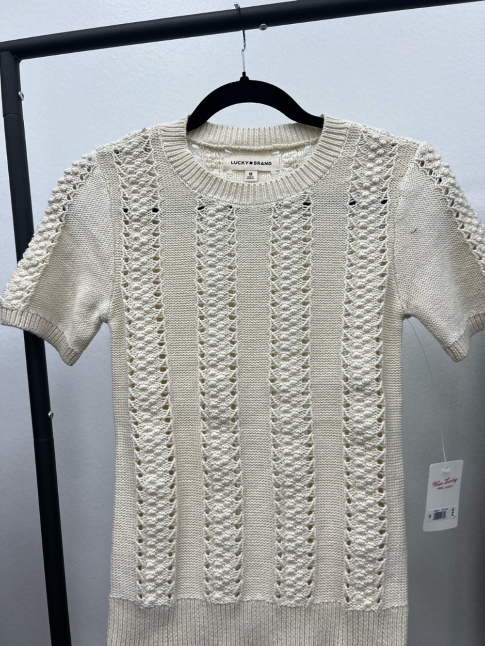 Lucky Brand Cream Openwork Knit Short Sleeve Top